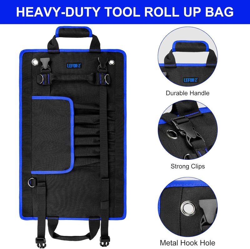 LEFORZ Tool Bag,Large Roll Up Tool Bag Organizer,13 Pockets Tool Roll Storage Pouch,Heavy Duty Portable Tool Storage Carrier Bag for Men,Mechanic,Electrician & Hobbyist,Black/Blue - Image 5